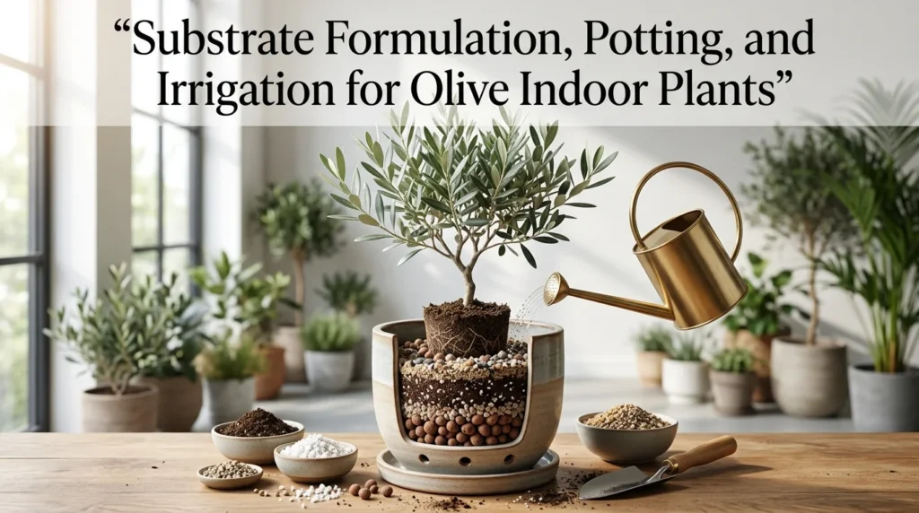 Olive plant indoor substrate and irrigation